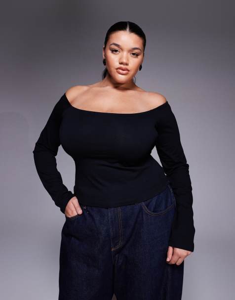 ASOS DESIGN Curve cotton jersey bardot top in black