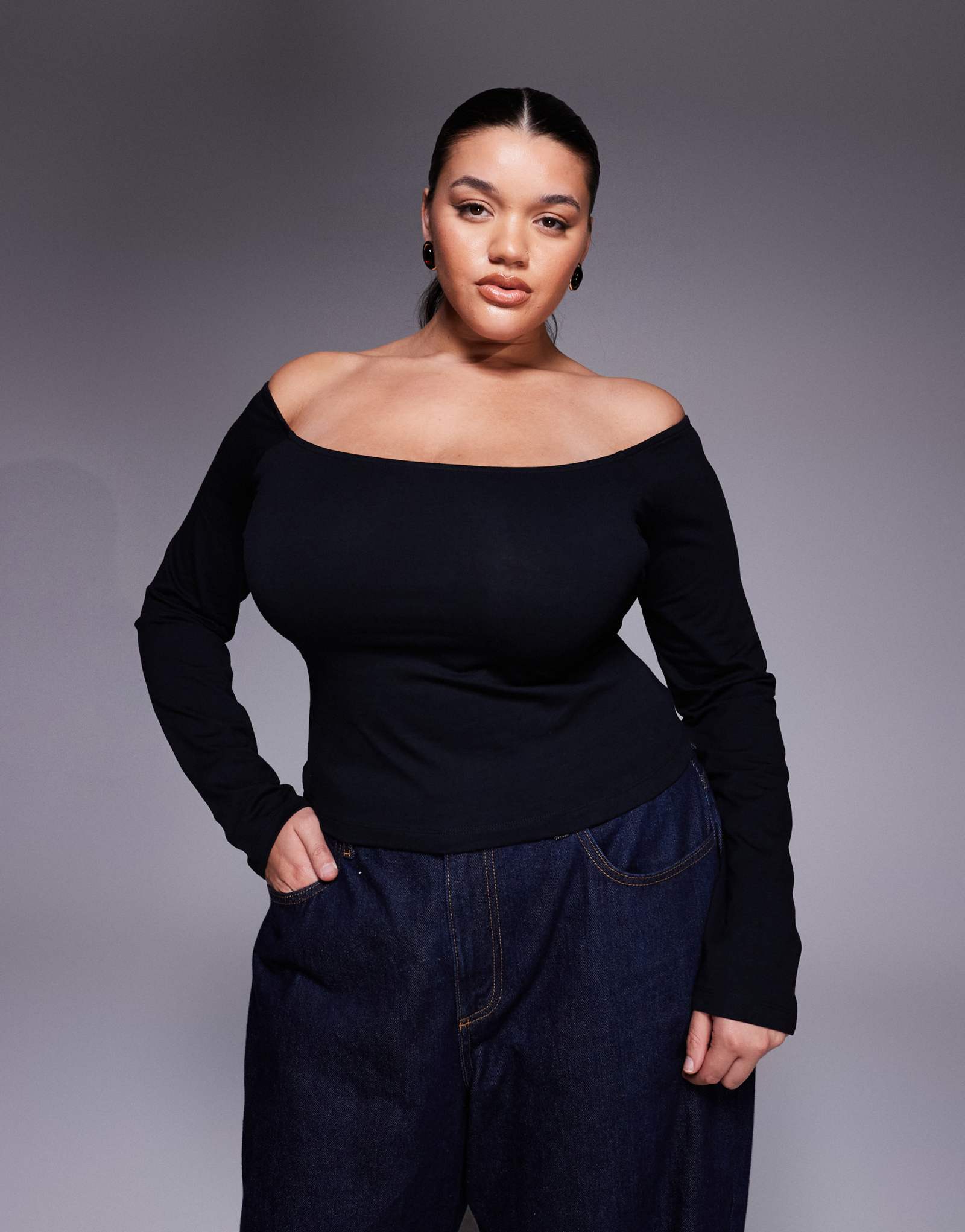Топ из хлопчатобумажного джерси ASOS DESIGN Curve с открытыми плечами черного цвета