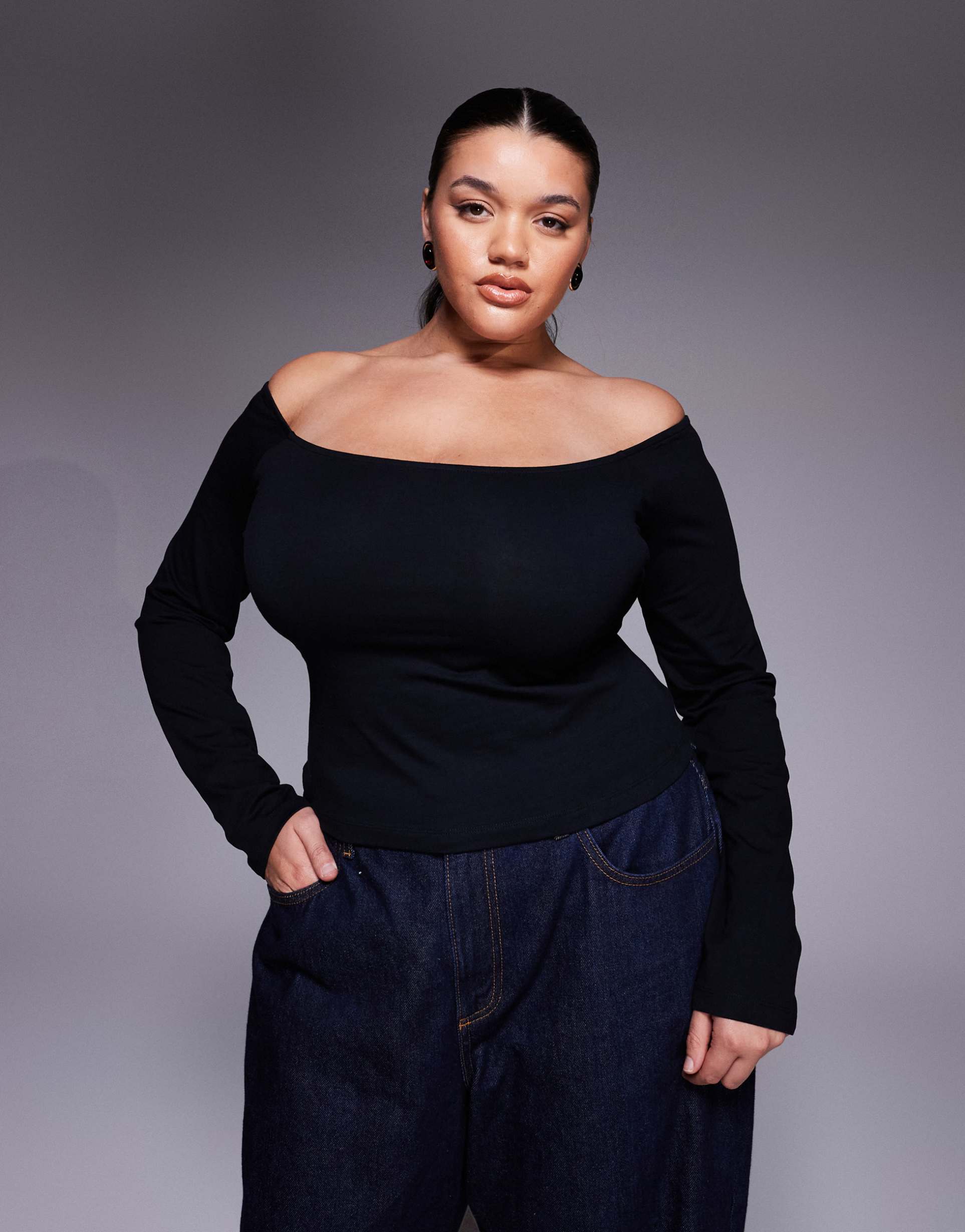 asos design curve cotton jersey off the shoulder top in black