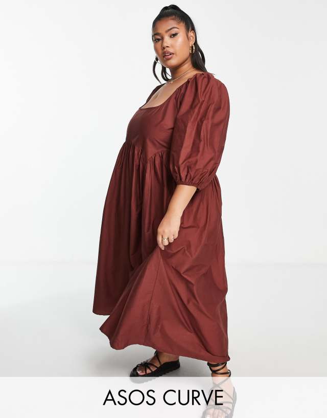 ASOS DESIGN Curve cotton jumbo scallop puff sleeve smock midi dress in rust