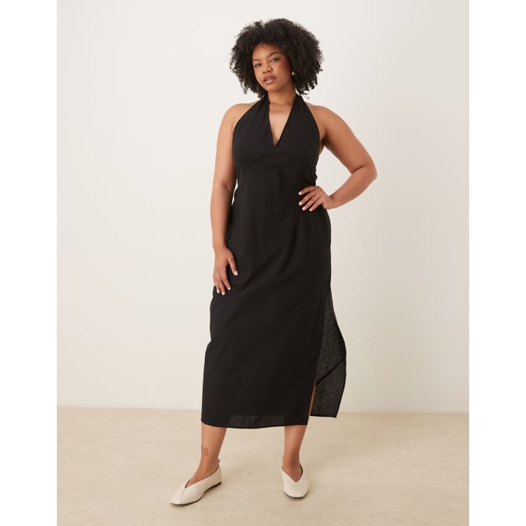 halter neck dress for big bust ASOS Design Curve cotton linen blend midi sundress with sculpted in Black halter dress