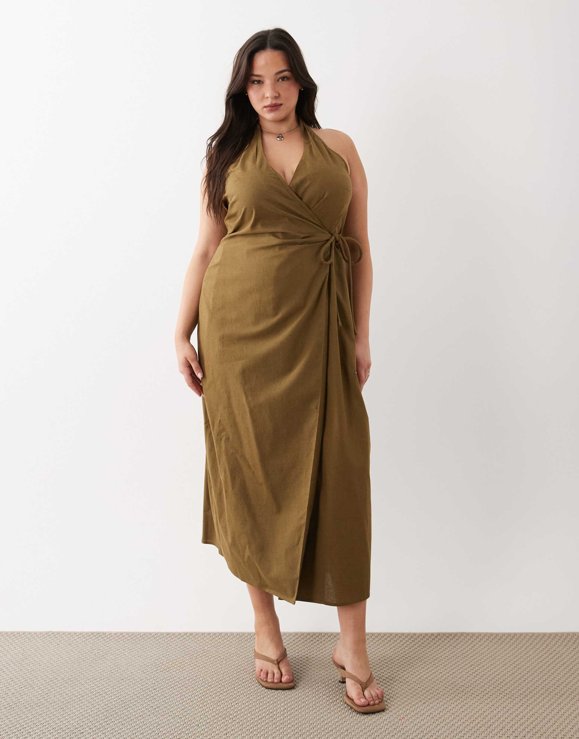 asos design curve cotton-linen blend halter neck wrap midaxi sundress in olive