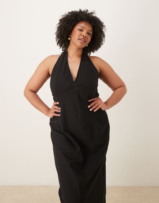 ASOS DESIGN Curve cotton linen halter neck midi sundress with sculpted bust in black , 2 of 4