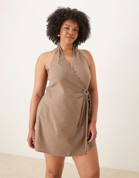 ASOS DESIGN Curve cotton linen halter neck wrap mini sundress in ashy brown - BROWN