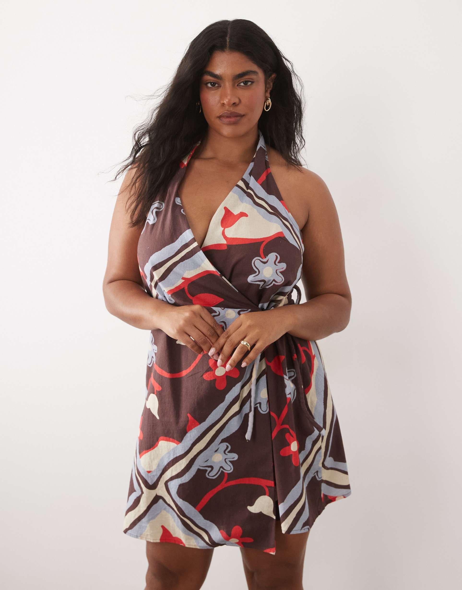asos design curve cotton linen halter neck wrap mini sundress in burgundy scarf print