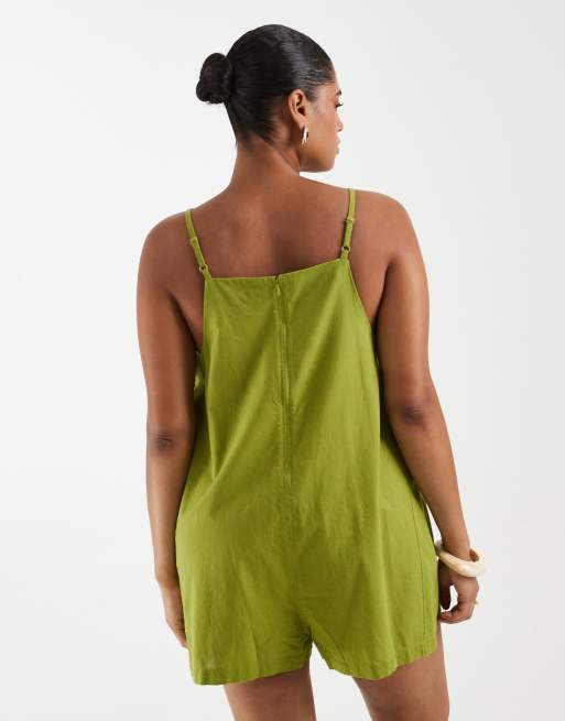 ASOS DESIGN Curve cotton linen pinny playsuit in olive green, 4 of 4