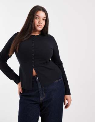 Asos Curve Asos Design Curve Cotton Longline Button Through Top In Black