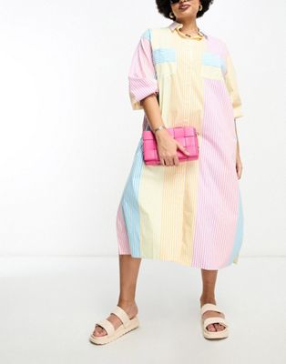 ASOS DESIGN Curve cotton maxi shirt dress in mixed summer stripe