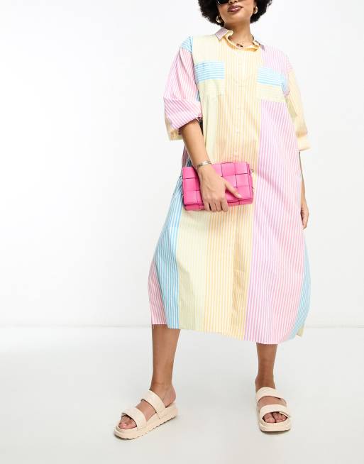 ASOS DESIGN Curve cotton maxi shirt dress in mixed summer stripe