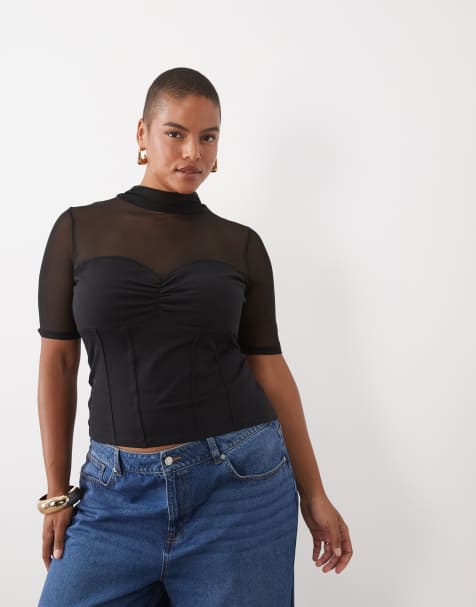 ASOS DESIGN Curve cotton mesh mix high neck short sleeve top with bust detail in black - view 1