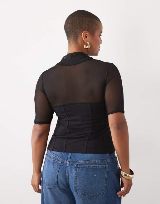ASOS DESIGN Curve cotton mesh mix high neck short sleeve top with bust detail in black, 4 of 4