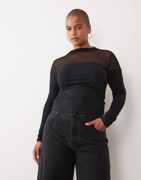 ASOS DESIGN Curve cotton mesh mix long sleeve top with bardot detail in black - view 1