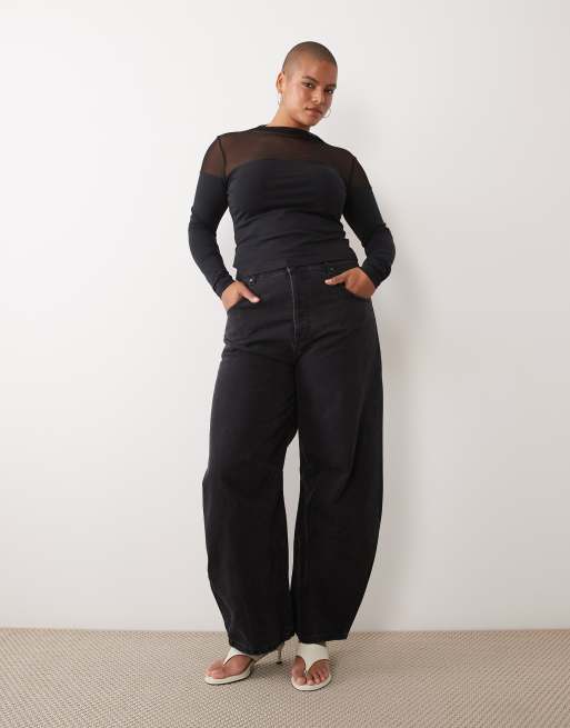 ASOS DESIGN Curve cotton mesh mix long sleeve top with bardot detail in black, 2 of 4