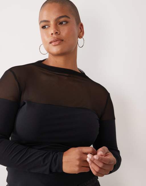 ASOS DESIGN Curve cotton mesh mix long sleeve top with bardot detail in black, 3 of 4