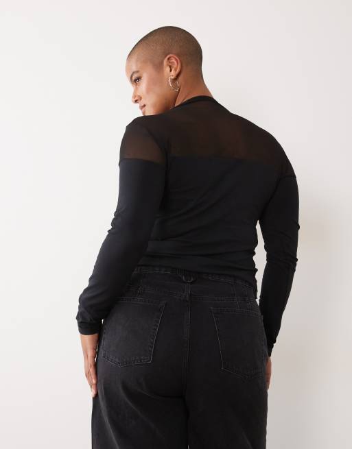 ASOS DESIGN Curve cotton mesh mix long sleeve top with bardot detail in black, 4 of 4