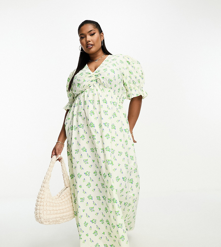 ASOS DESIGN Curve cotton midi smock dress in cream based green floral print-Multi