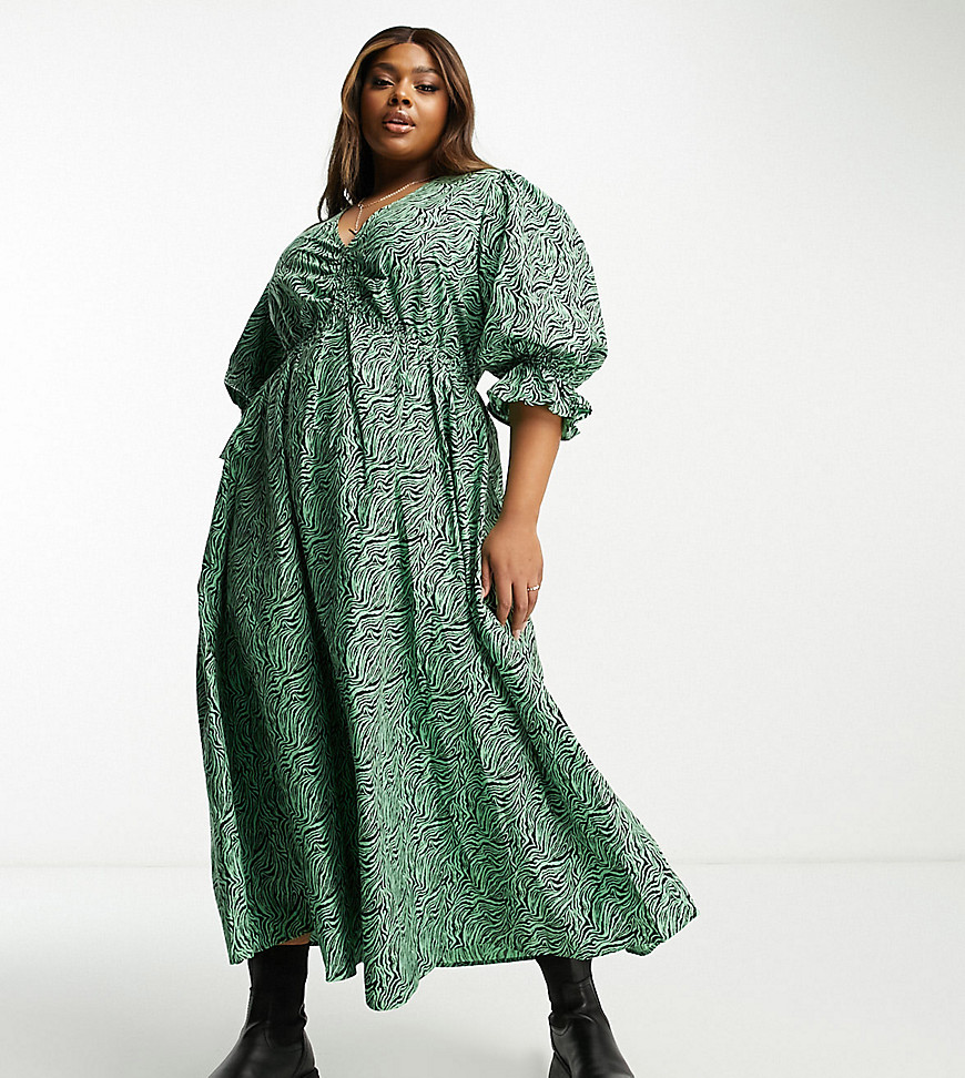 ASOS DESIGN Curve cotton midi smock dress in green zebra-Multi