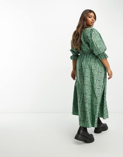 ASOS DESIGN Curve cotton midi smock dress in green zebra