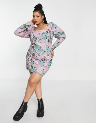 ASOS DESIGN Curve cotton mini dress with removable sleeves in floral print-Multi