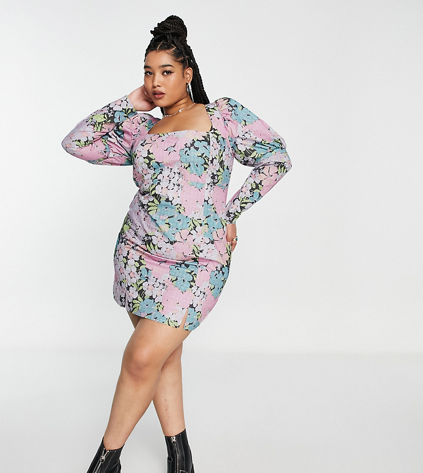 ASOS DESIGN Curve cotton mini dress with removable sleeves in floral print-Multi