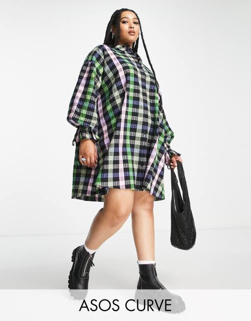 ASOS DESIGN Curve cotton mini oversized shirt dress in grunge gingham