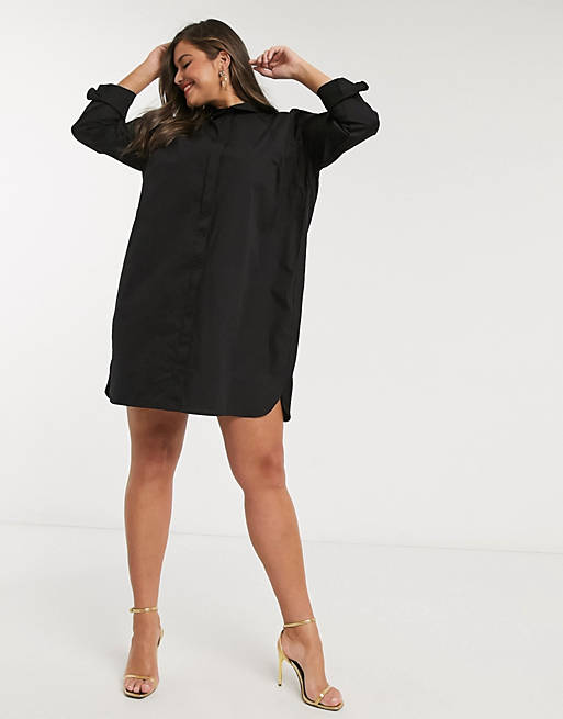 Women Curve cotton mini shirt dress in black 