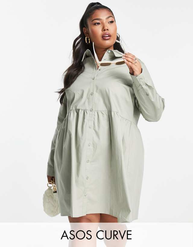 ASOS DESIGN Curve cotton mini smock shirt dress in khaki