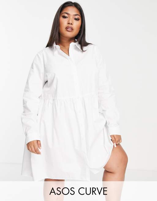 ASOS DESIGN Curve cotton mini smock shirt dress in white