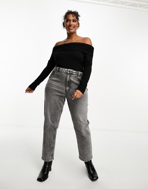 ASOS DESIGN Curve cotton modal clean fold over bardot bodysuit in black, 4 of 4