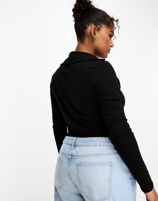 ASOS DESIGN wrap long sleeve bodysuit in black