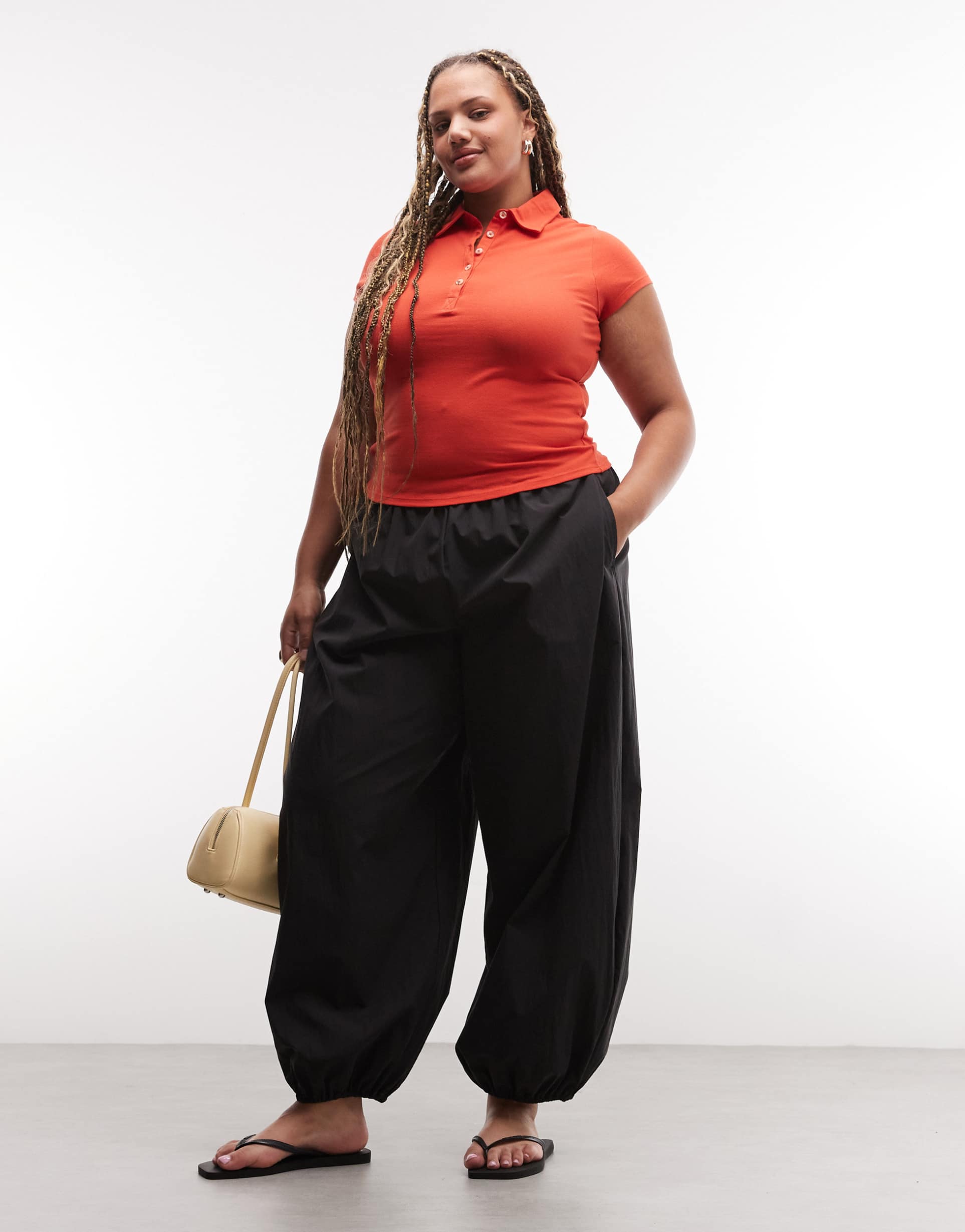 asos design curve cotton nylon blend pull on balloon pants in black