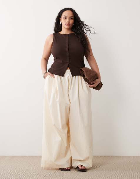 ASOS DESIGN Curve cotton nylon super wide leg pants in cream - view 1