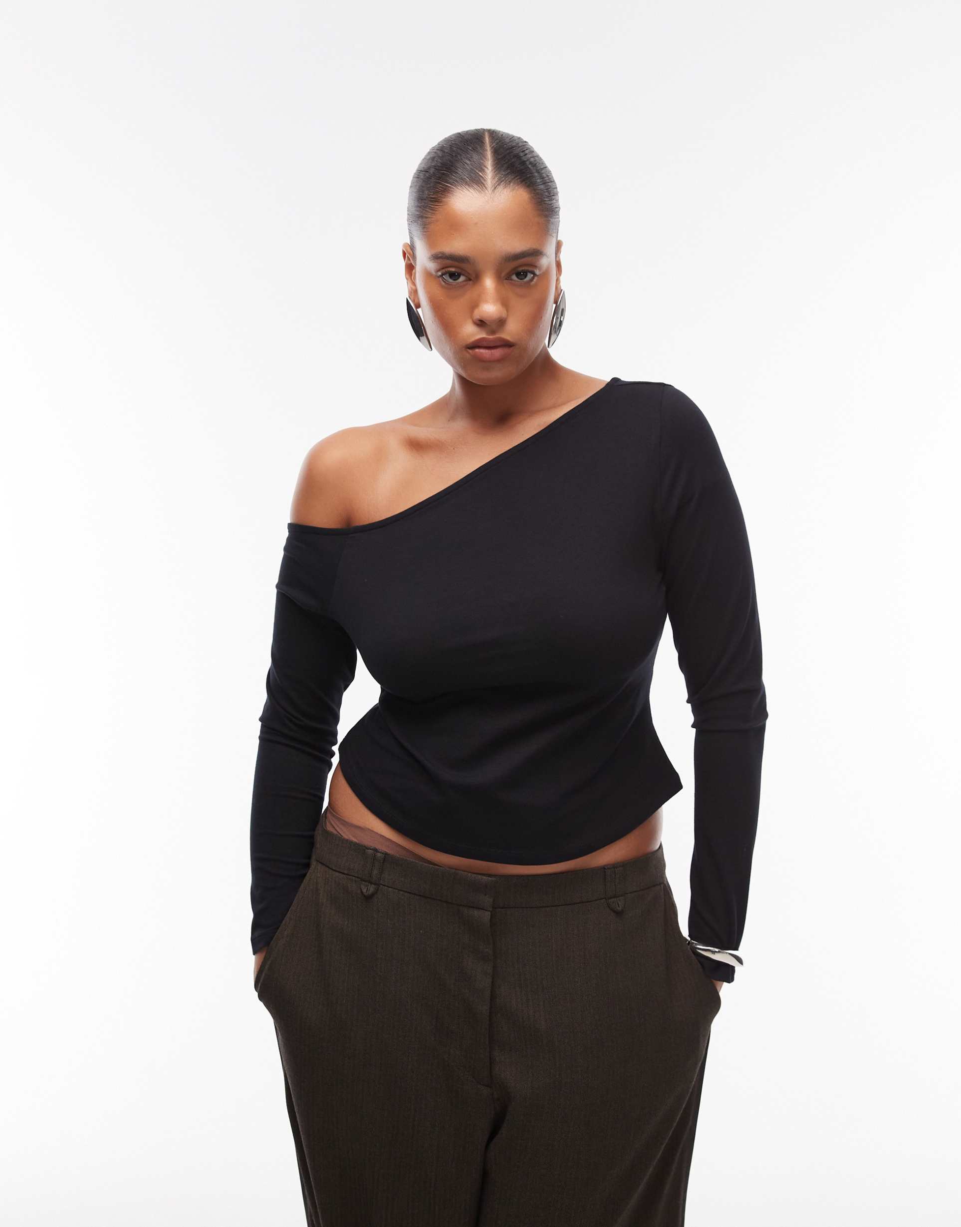 asos design curve cotton off shoulder long sleeve top in black