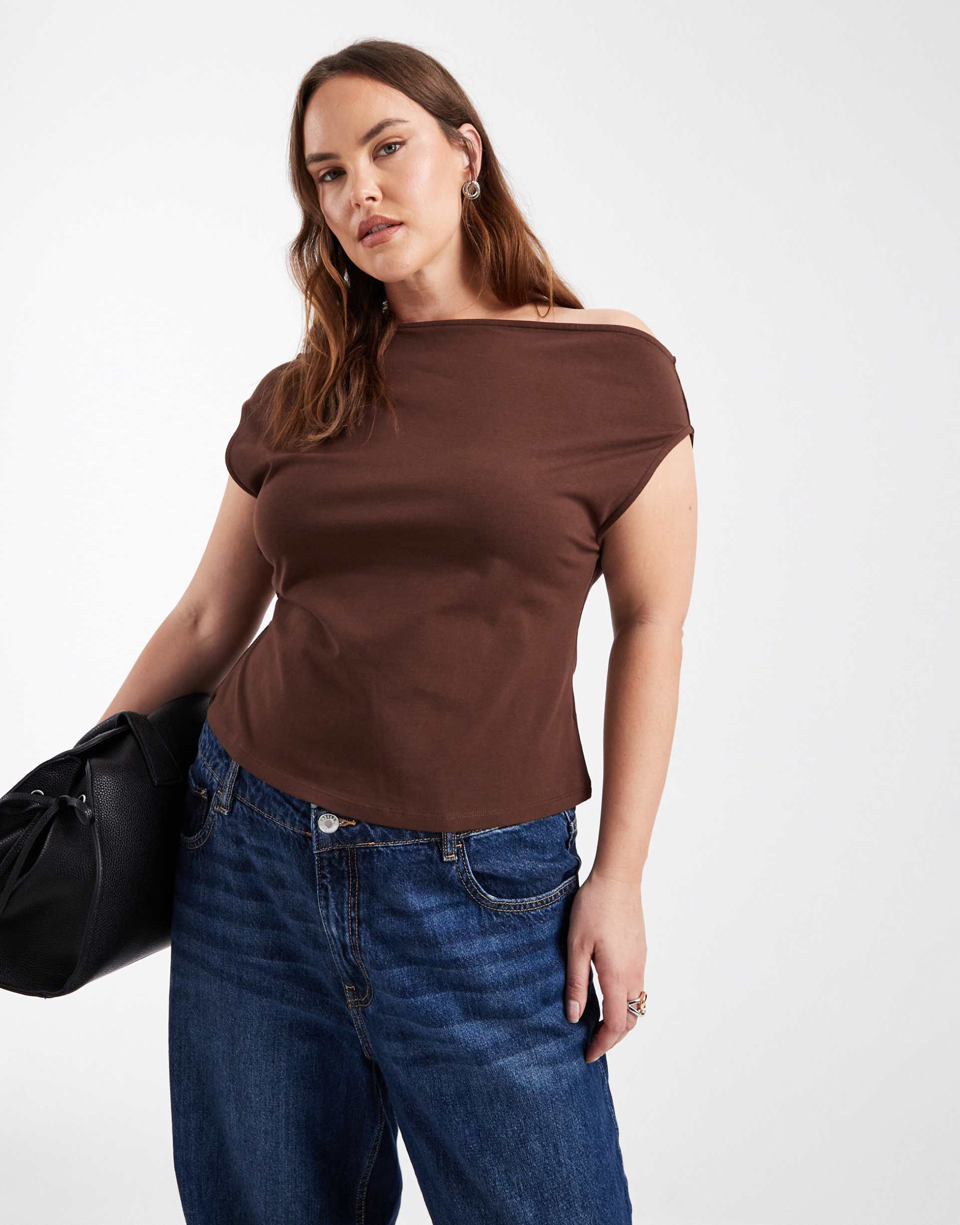 asos design curve cotton off shoulder top in chocolate
