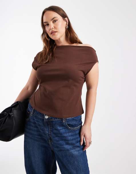 ASOS DESIGN Curve cotton off shoulder top in chocolate