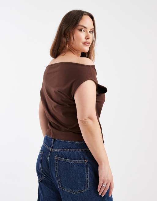 ASOS DESIGN Curve cotton off shoulder top in chocolate, 4 of 4