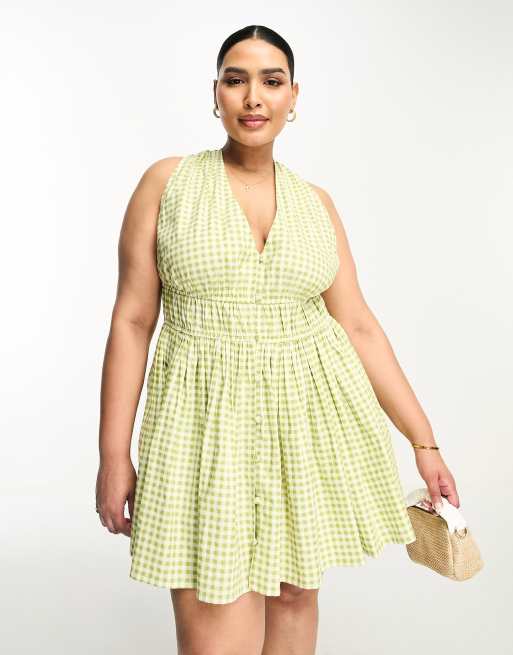 ASOS DESIGN Curve cotton plunge button through mini sundress with elastic  channel detail in green gingham