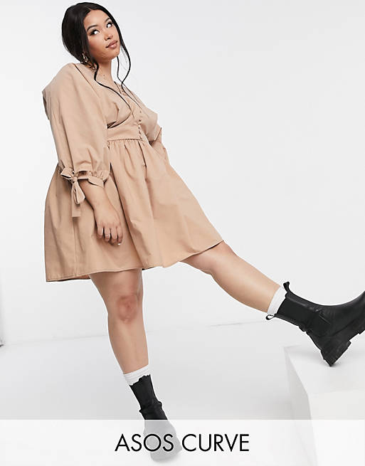 ASOS DESIGN Curve cotton poplin button detail mini smock dress with tie sleeves in mocha