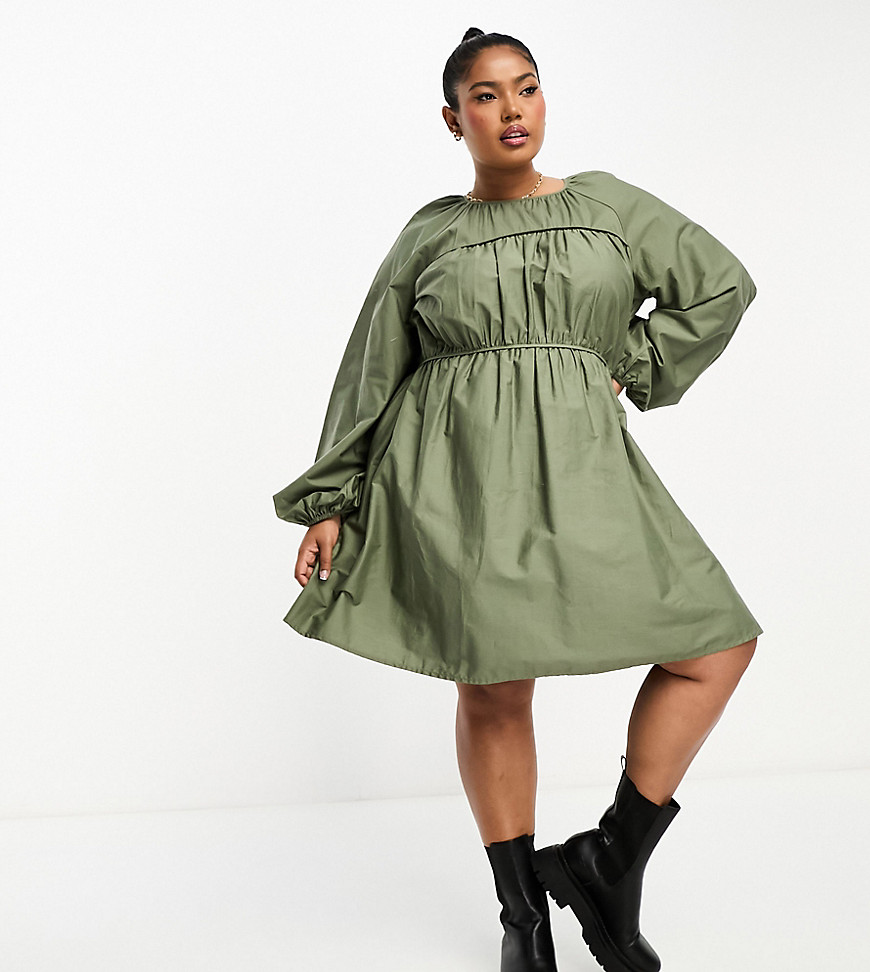 ASOS DESIGN Curve cotton poplin mini dress with ruched bust detail in olive green