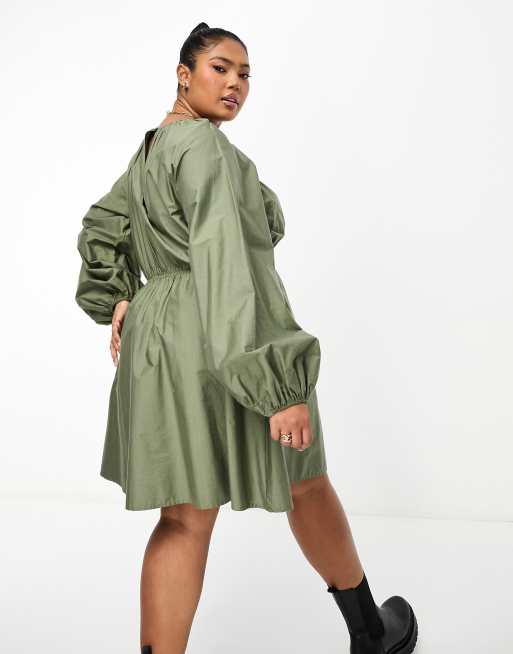 ASOS DESIGN Curve cotton poplin mini dress with ruched bust detail in olive  green