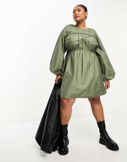 ASOS DESIGN Curve cotton poplin mini dress with ruched bust detail in olive  green