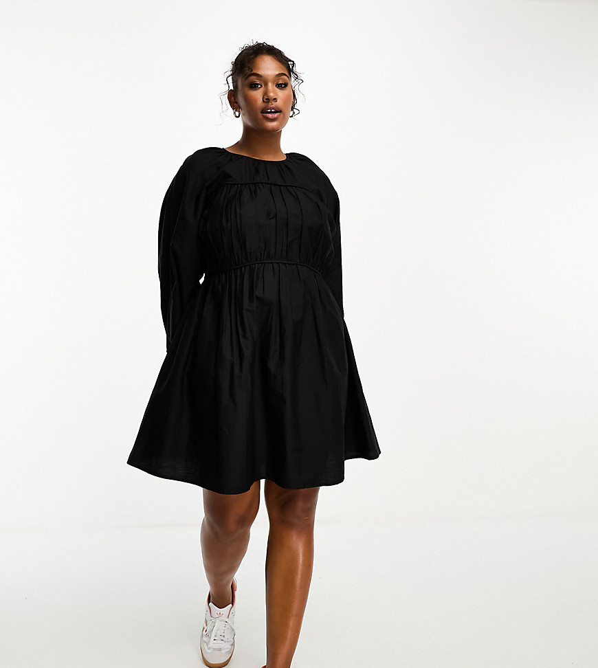 ASOS DESIGN Curve cotton poplin mini dress with ruched bust in black