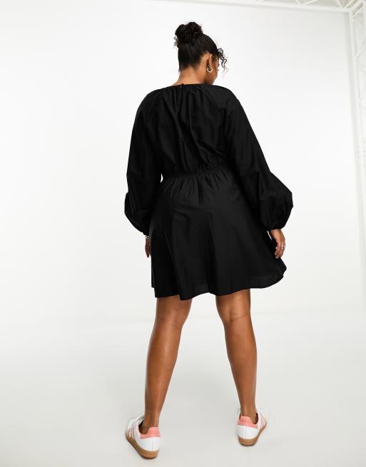 ASOS DESIGN Curve cotton poplin mini dress with ruched bust in black | ASOS