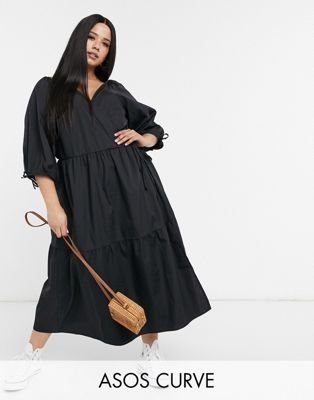 ASOS DESIGN Curve cotton poplin smock wrap midi dress in black | ASOS