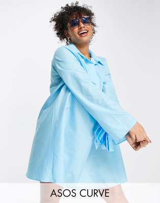 ASOS DESIGN Curve cotton poplin trapeze mini shirt dress in turquoise - ASOS Price Checker