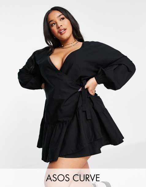 ASOS DESIGN Curve cotton poplin wrap mini dress in black - view 1