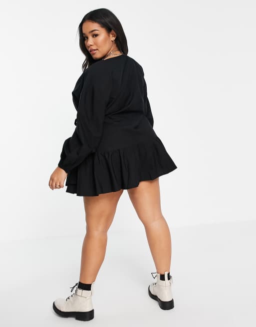 ASOS DESIGN Curve cotton poplin wrap mini dress in black