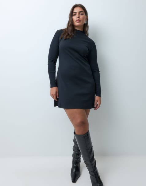 ASOS DESIGN Curve cotton rib lettuce hem mini dress in black - view 1