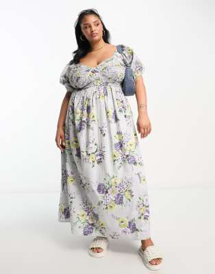 ASOS DESIGN Curve cotton shirred corset midi dress in floral print-Multi