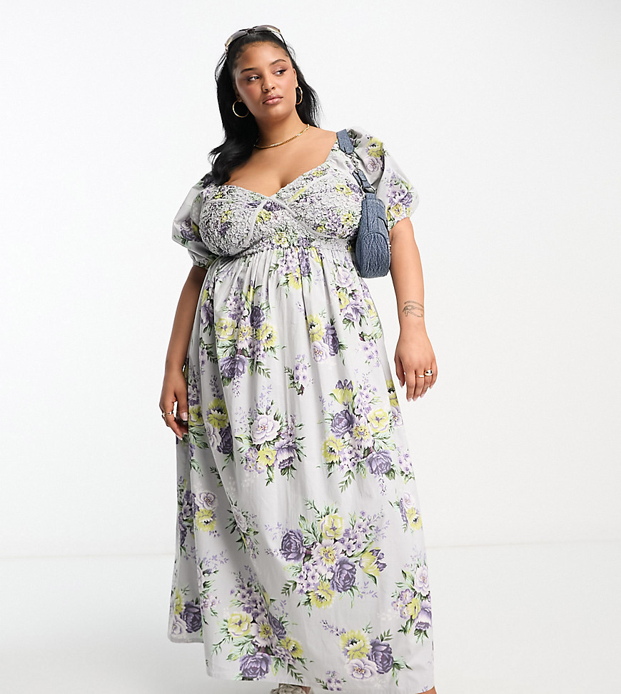 ASOS DESIGN Curve cotton shirred corset midi dress in floral print-Multi
